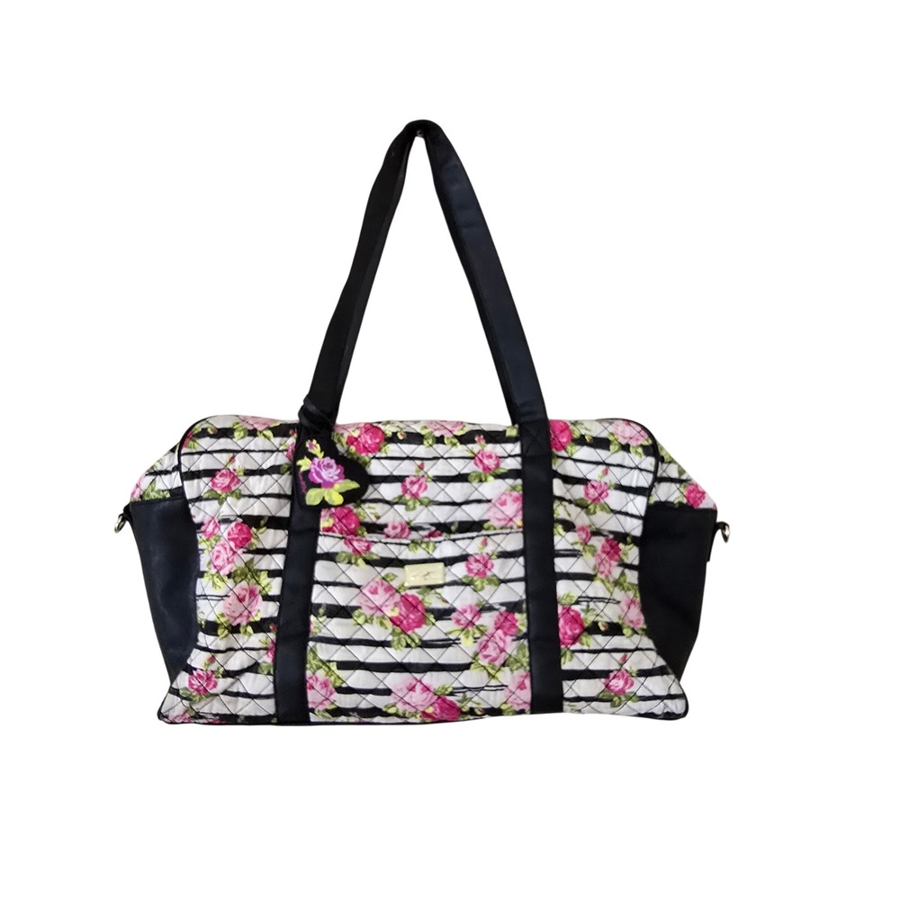 Luv Betsey by Betsey Johnson Floral Striped Quilted Duffel Bag Black Pink White